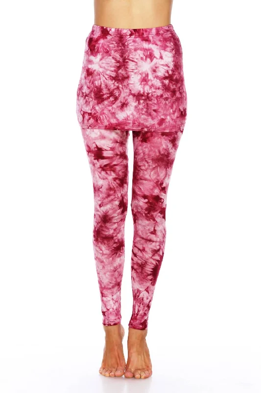 Stretchable Yoga Shorts for Deep Poses -Tie Dye Skirted Leggings In Burgundy