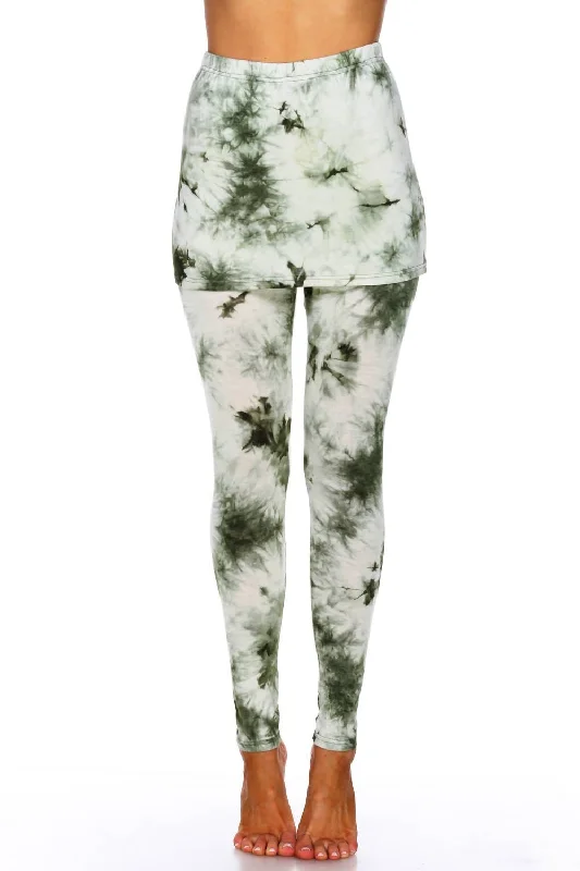 Full-Length Yoga Shorts for Comfortable Fit -Tie Dye Skirted Leggings In Olive