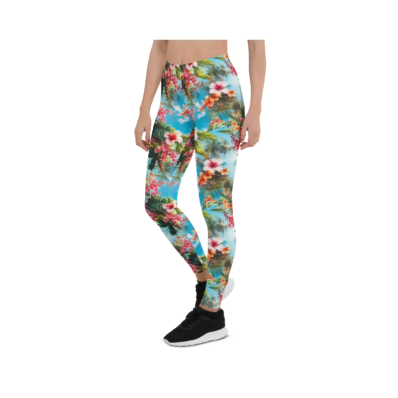 Comfortable Compression Yoga Pants for Women -Tropical Beach Flower Leggings