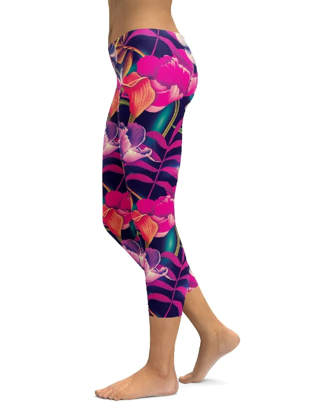 Breathable Full-Length Yoga Pants -Tropical Floral Capris