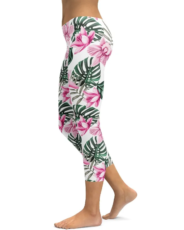 Yoga Pants for Beginners -Tropical Floral White Capris