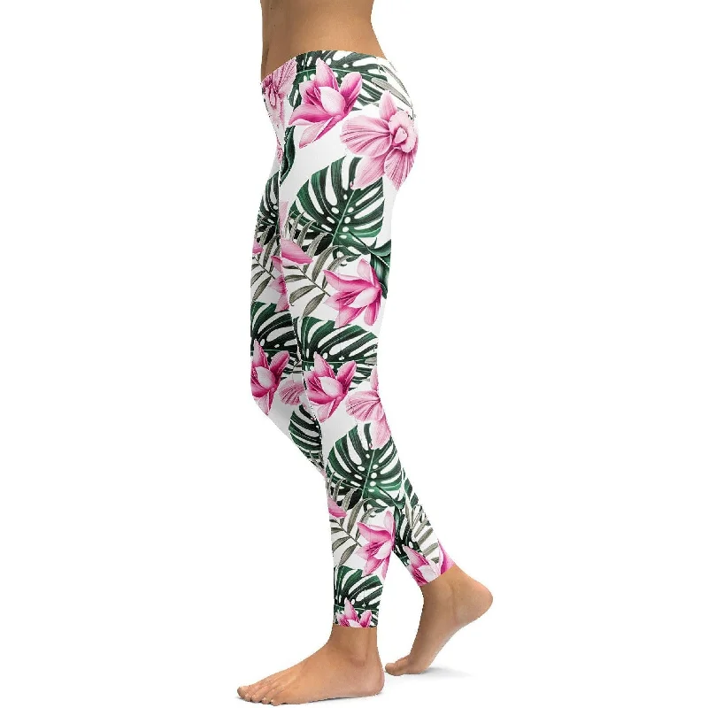 Yoga Pants with High Waist -Tropical Floral White Leggings