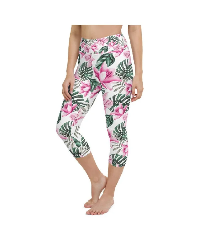 Lightweight Yoga Pants for Comfort -Tropical Floral White Yoga Capris