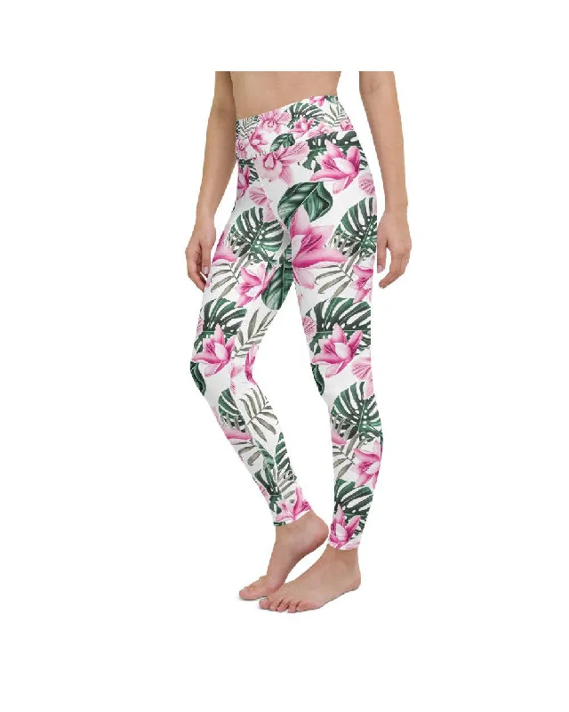Comfortable Full-Length Yoga Pants for Stretching -Tropical Floral White Yoga Pants