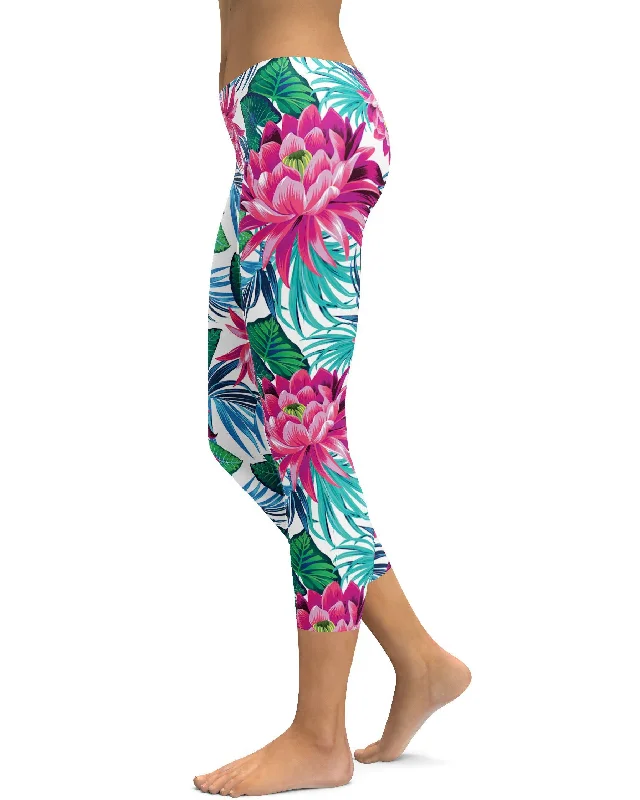 Full-Waist Yoga Pants -Tropical Flowers Capris