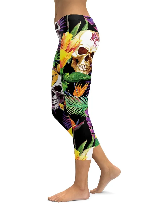 Yoga Pants for All Types of Yoga -Tropical Skull Capris
