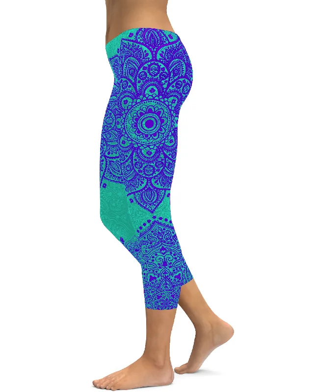 High-Waisted Leggings for Yoga -Turquoise and Purple Mandala Capris