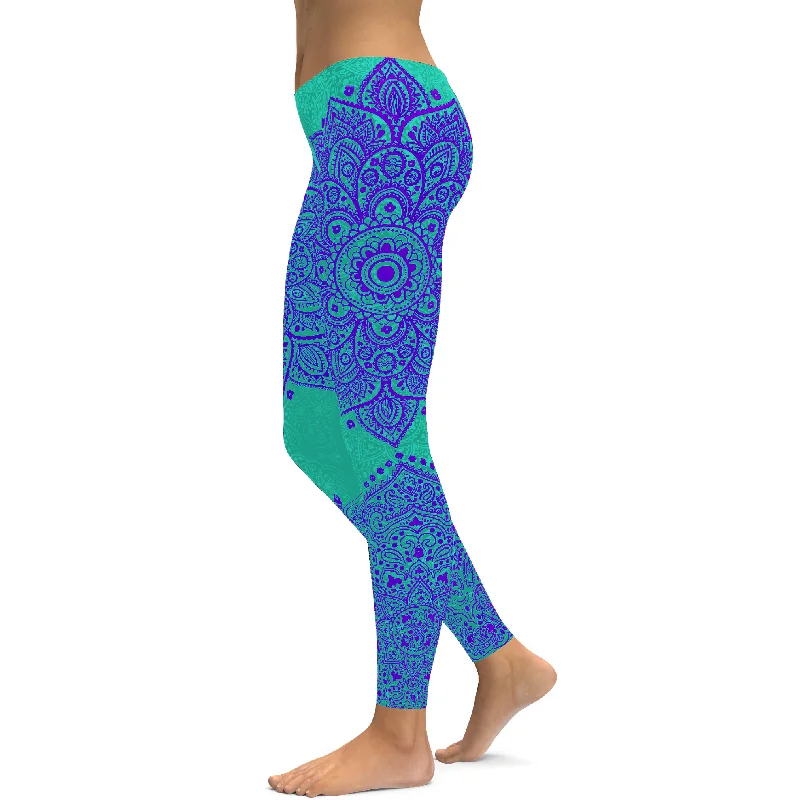 High Compression Yoga Pants -Turquoise and Purple Mandala Leggings