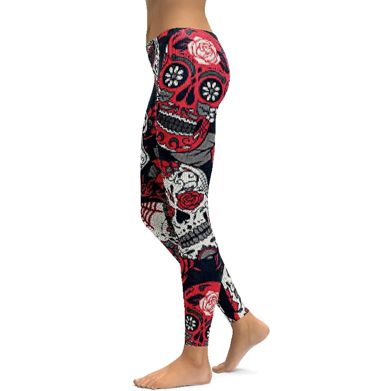 Yoga Pants for Strength Training -Ugly Christmas -  Pink Sugar Skull Leggings