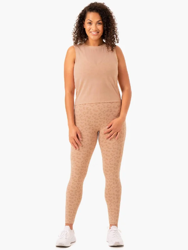 Yoga Tops with Built-In Support Bra -Ultra Mesh Tank - Tan