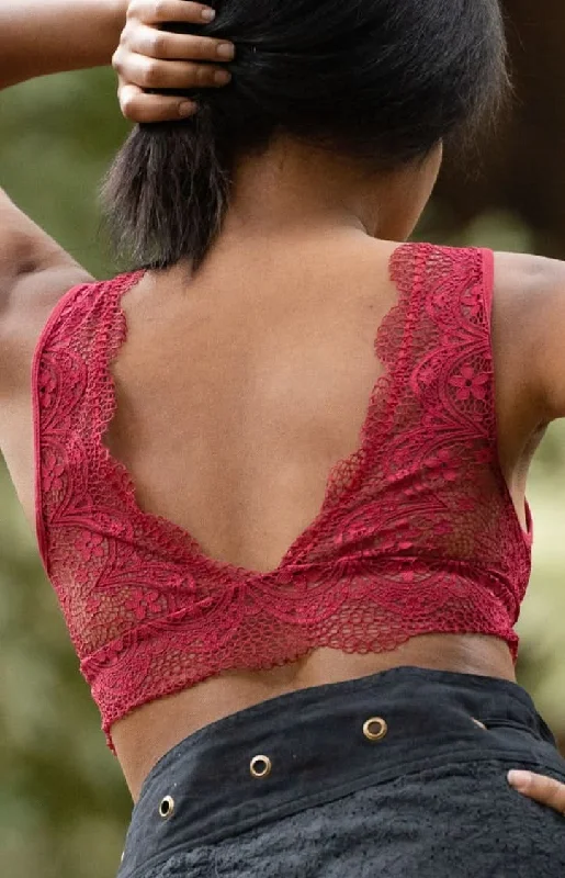 Yoga Tops for Everyday Yoga -Unique Women's Lace Bra - Dark Red