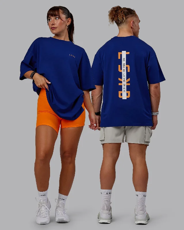 Yoga Tops for Low-Impact Yoga Sessions -Unisex Strike Through FLXCotton Tee Oversize - Midnight Blue-Vibrant Orange
