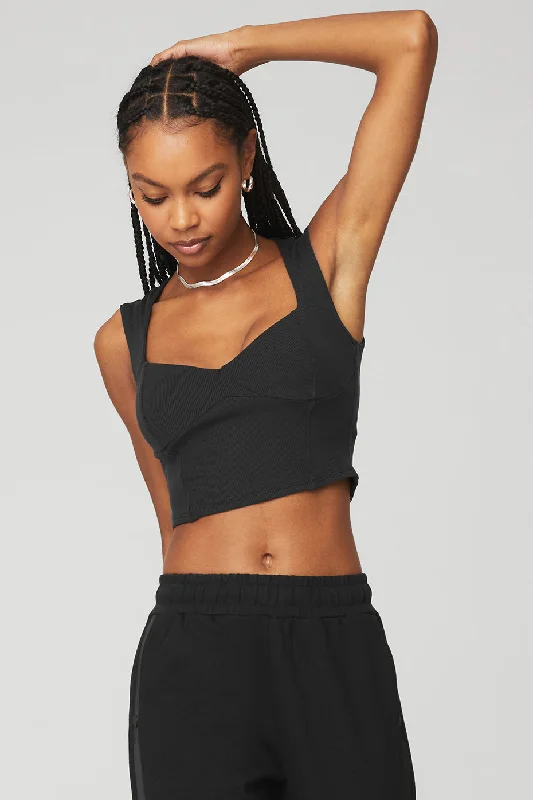 Yoga Tops for Everyday Yoga Practice -Ribbed Sweetheart Short Sleeve - Black