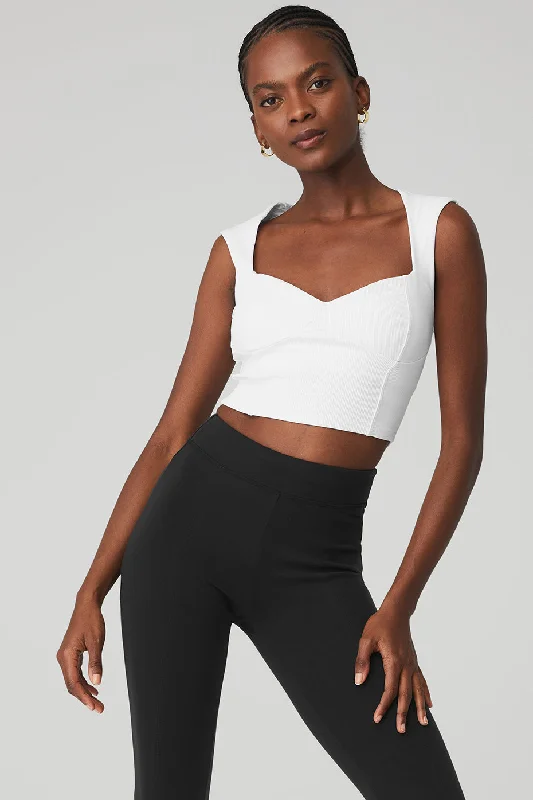 Soft and Comfortable Yoga Tops for Women -Ribbed Sweetheart Short Sleeve - White