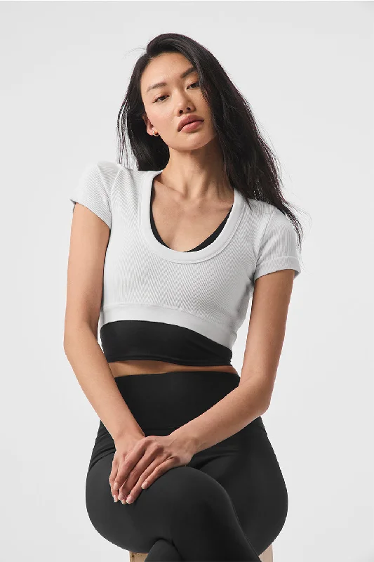 Women's Yoga Tops with High Stretch -Seamless Ribbed Cropped Serene Short Sleeve - White