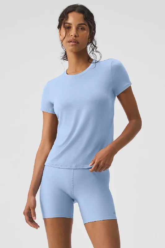 Yoga Tops with Elastic Waistbands -All Day Short Sleeve - Seashell Blue