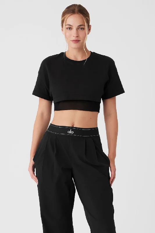 Relaxed Yoga Tops for Women -Made You Look Cropped Short Sleeve Tee - Black