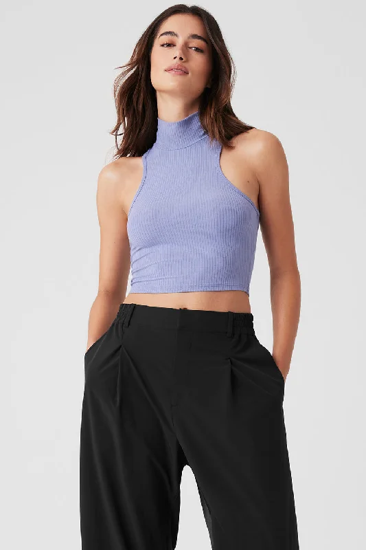 Yoga Tops for High Support -Ribbed Sea Coast Cropped Turtleneck Tank - Lilac Blue