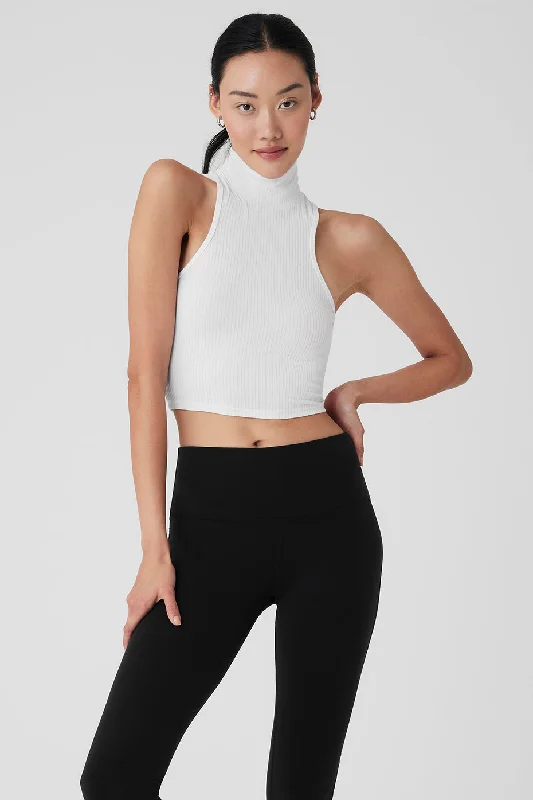 Yoga Tops for Flexibility and Balance -Ribbed Sea Coast Cropped Turtleneck Tank - White Yoga Tops for Flexibility and Balance -Ribbed Sea Coast Cropped Turtleneck Tank - White