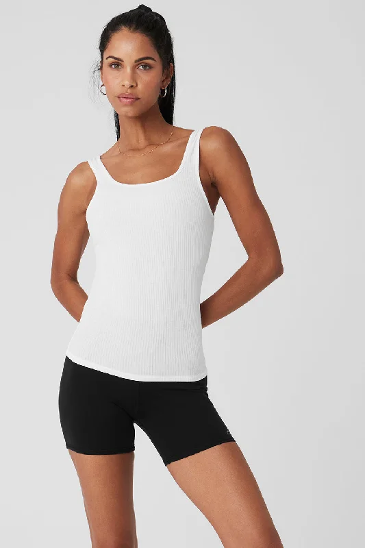 Comfortable Yoga Tops for Every Workout -Ribbed Sea Coast Scoop Neck Tank - White