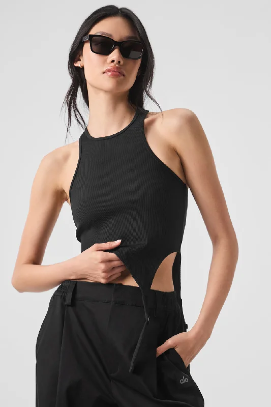 Zip-Up Yoga Tops for Flexibility -Alosoft Ribbed Revelation Tank - Black