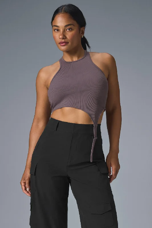 Yoga Tops for Studio Practice -Alosoft Ribbed Revelation Tank - Raisinette
