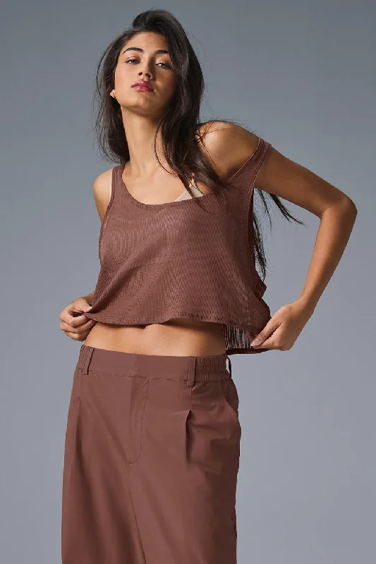 Yoga Tops for Comfort and Endurance -Striped Mesh Tropical Nights Tank - Chestnut