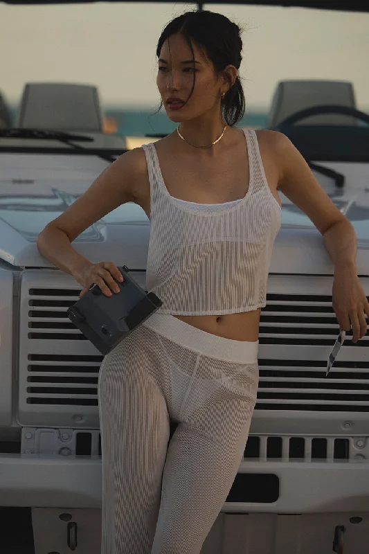High-Neck Yoga Tops for Flexibility -Striped Mesh Tropical Nights Tank - Ivory