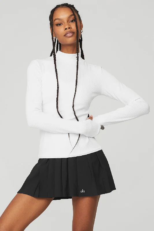 Breathable Yoga Tops for Women -Wellness Rib Mock Neck Long Sleeve - White