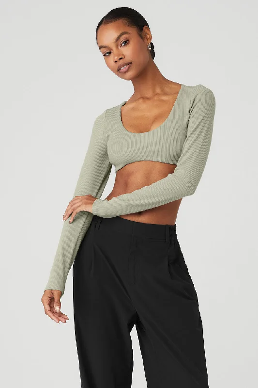 Yoga Tops for High-Impact Workouts -Ribbed Defined Long Sleeve Bra - Limestone