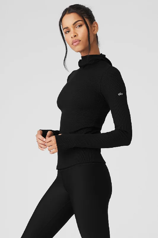 Stylish Yoga Tops for Fitness Routine -Alosoft Ribbed Frontrunner Long Sleeve - Black