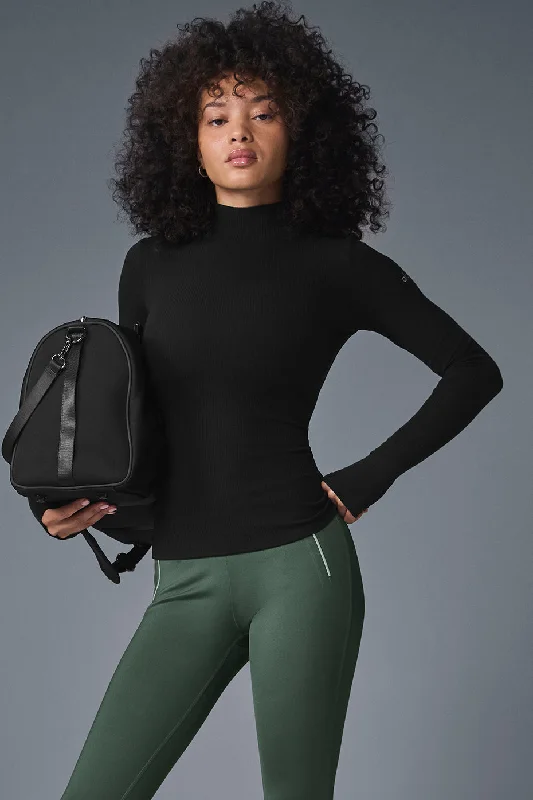 Loose Yoga Tops for Relaxation -Wellness Rib Mock Neck Long Sleeve - Black