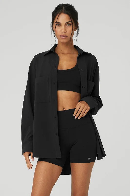 Yoga Tops for Hot Summer Days -Dreamscape Button Down Long Sleeve - Black