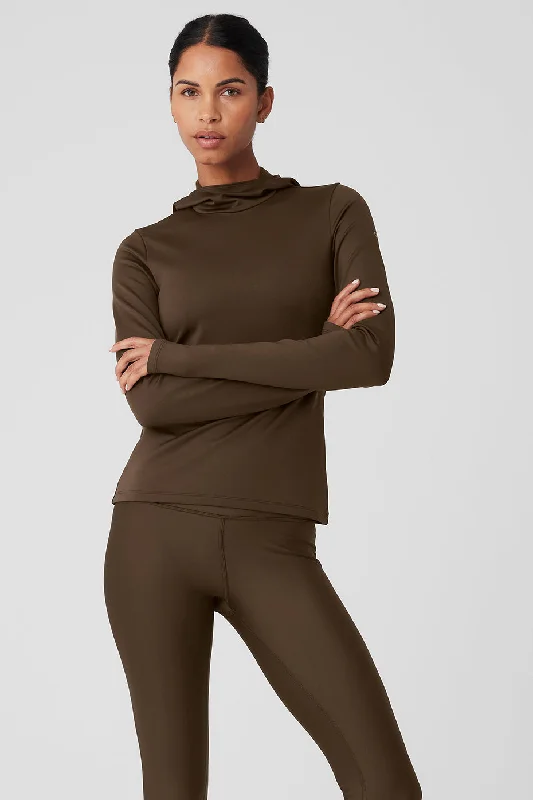 Long Sleeve Yoga Tops for Extra Coverage -Airlift Winter Warm Hooded Runner - Espresso