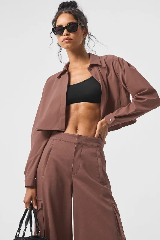 Yoga Tops with Moisture-Wicking Fabric -Cropped Take Me Out Button Up - Chestnut