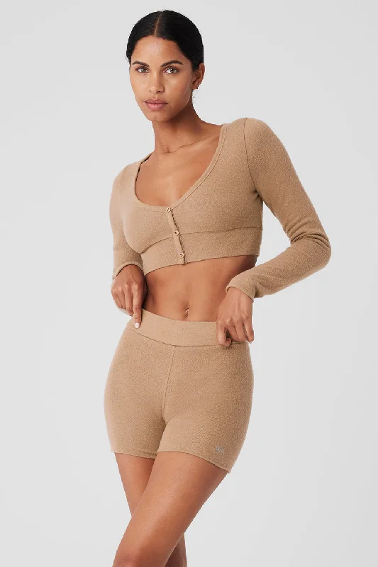 Yoga Tops for Flexibility in Yoga Class -Alolux Cropped Me Time Cardigan - Toasted Almond Yoga Tops for Flexibility in Yoga Class -Alolux Cropped Me Time Cardigan - Toasted Almond