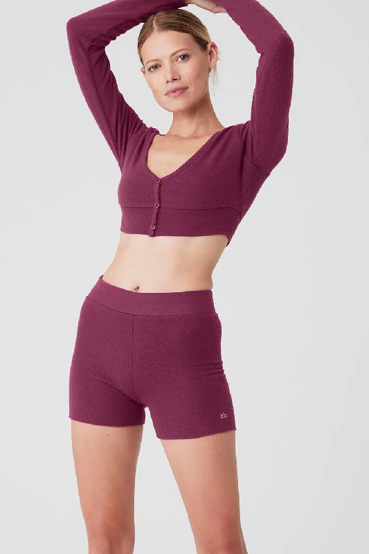 Yoga Tops for Flexibility and Recovery Poses -Alolux Cropped Me Time Cardigan - Wild Berry Yoga Tops for Flexibility and Recovery Poses -Alolux Cropped Me Time Cardigan - Wild Berry
