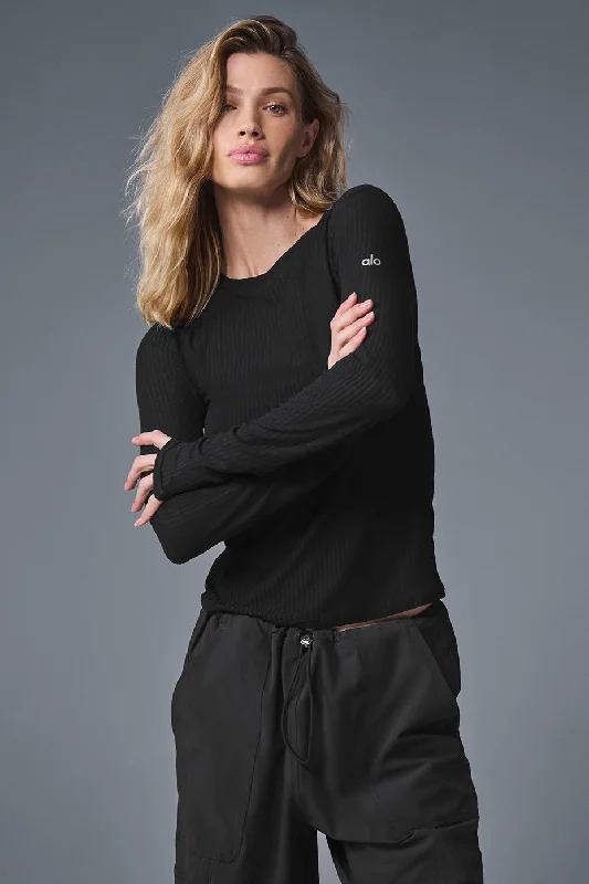 Printed Yoga Tops for Women -Ribbed Sea Coast Long Sleeve - Black