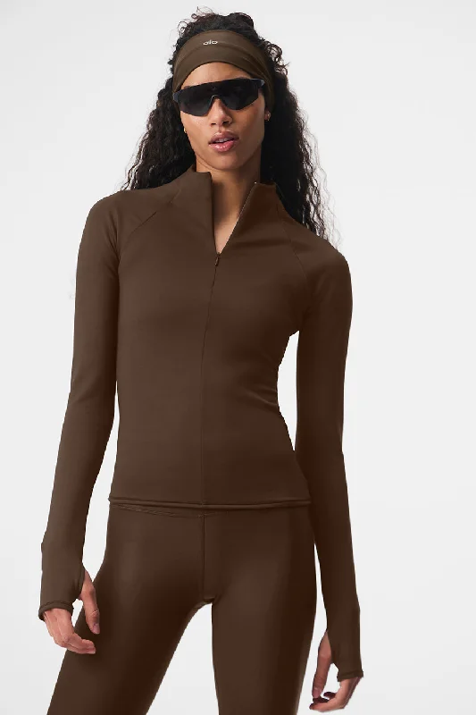 Yoga Tops for Supportive Fit -Airlift Winter Warm 1/4 Zip Long Sleeve - Espresso