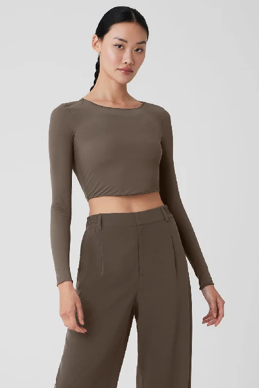 Seamless Yoga Tops for Women -Mesh Sheer Illusion Long Sleeve - Olive Tree