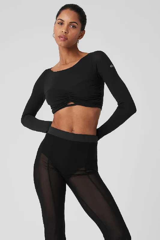 Loose Yoga Tops for Breathability -Mesh Sheer Illusion Cropped Long Sleeve - Black
