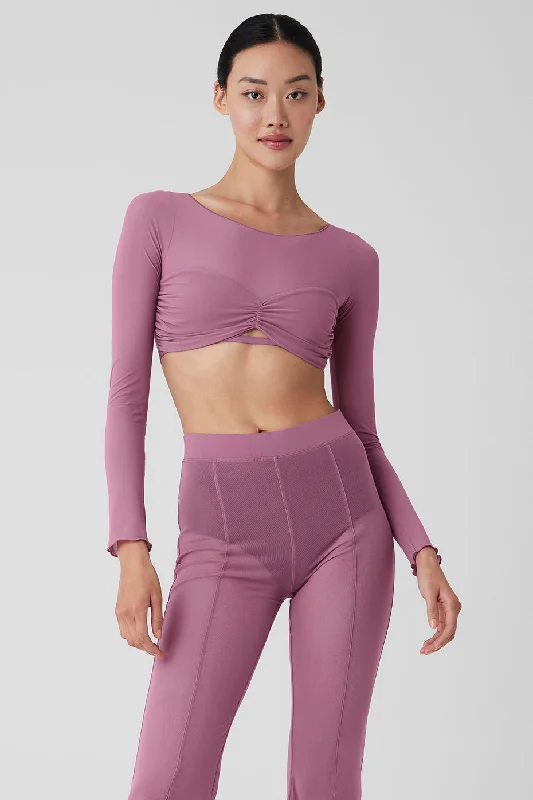 Comfortable Yoga Tops for High-Intensity Workouts -Mesh Sheer Illusion Cropped Long Sleeve - Soft Mulberry Comfortable Yoga Tops for High-Intensity Workouts -Mesh Sheer Illusion Cropped Long Sleeve - Soft Mulberry