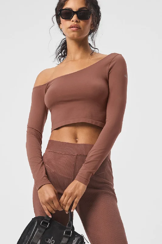 Yoga Tops with Adjustable Straps -Asymmetric Sheer Glow Long Sleeve - Chestnut