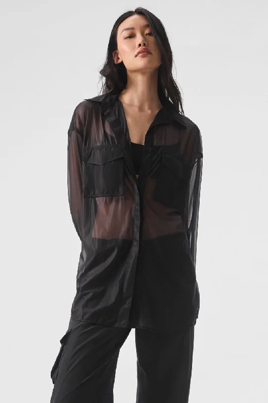Seamless Yoga Tops for Comfort and Style -Sheer Effusion Button Down Long Sleeve - Black Seamless Yoga Tops for Comfort and Style -Sheer Effusion Button Down Long Sleeve - Black