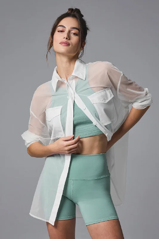 Loose-Fitting Yoga Tops -Sheer Effusion Button Down Long Sleeve - White