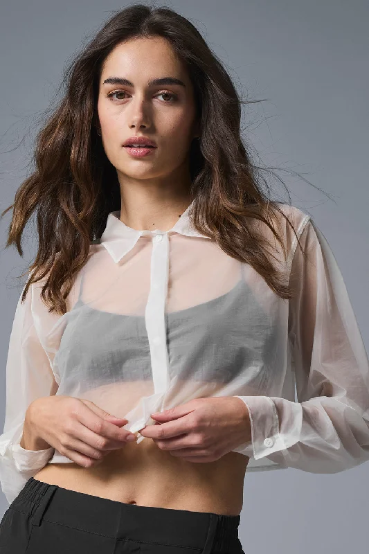 Yoga Tops for Relaxing Flexibility -Sheer Cropped Take Me Out Button Up - White