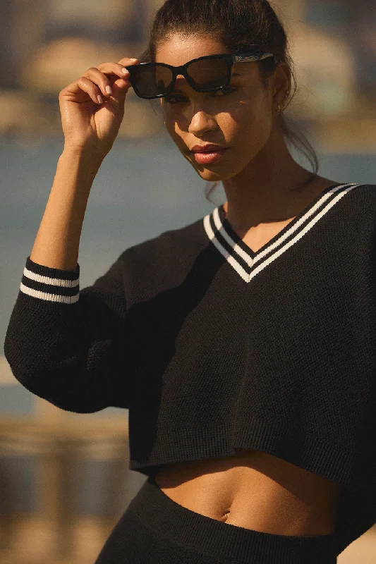 Stretch Yoga Tops for Flexibility -Tennis Club Sweater Knit V-Neck Pullover - Black/Ivory Stretch Yoga Tops for Flexibility -Tennis Club Sweater Knit V-Neck Pullover - Black/Ivory