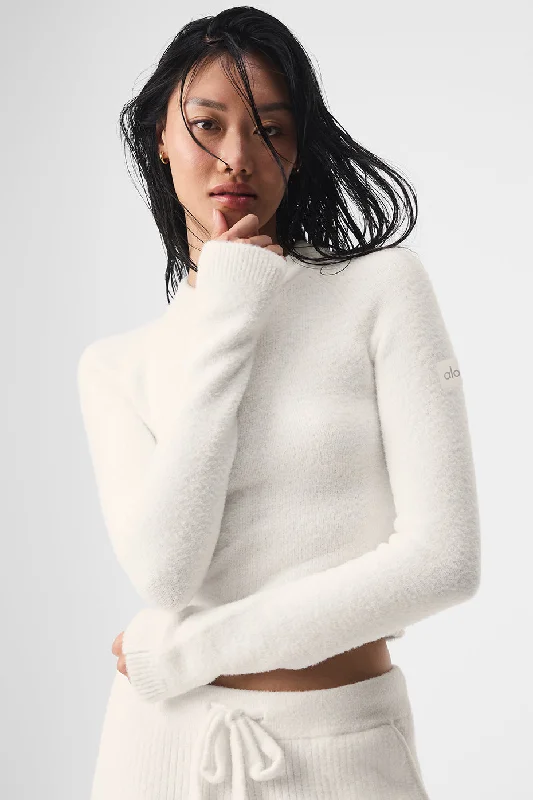 Women's Yoga Tops with Mesh Panels -Snuggle Up Sweater Long Sleeve - Ivory