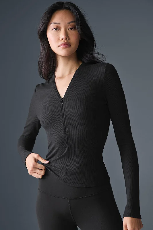 Relaxed Yoga Tops for Women -Ribbed Mesmerize Long Sleeve - Black
