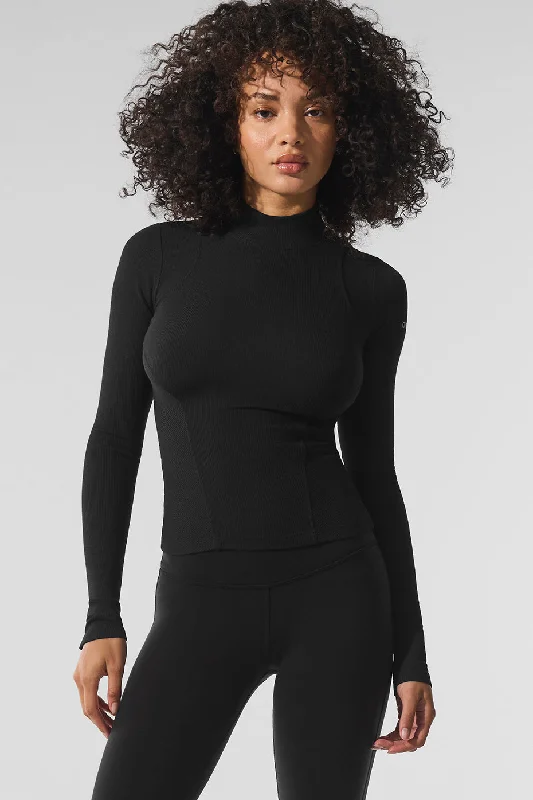 Breathable Cotton Yoga Tops -Ribbed Mesmerize Mock Neck Long Sleeve - Black